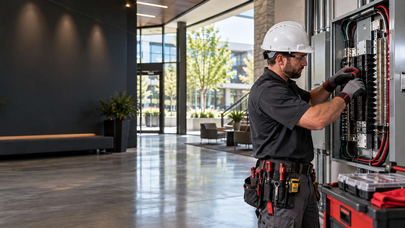 Professional electrician working on a commercial electrical panel